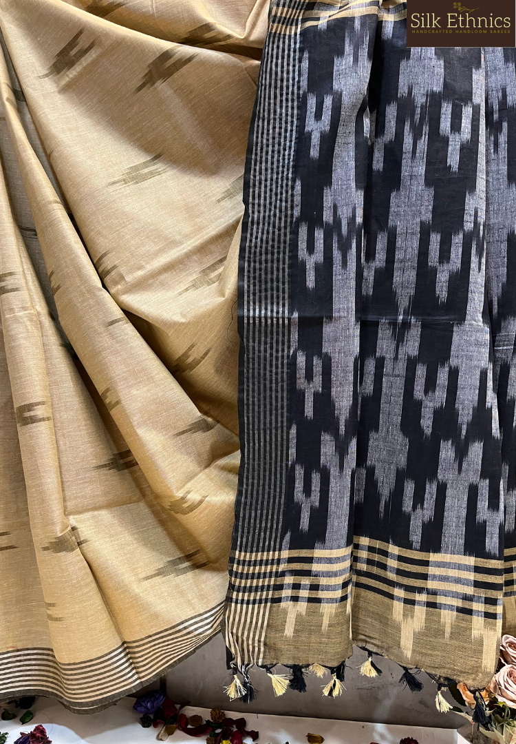 Gold and black linen ikkat weaving saree