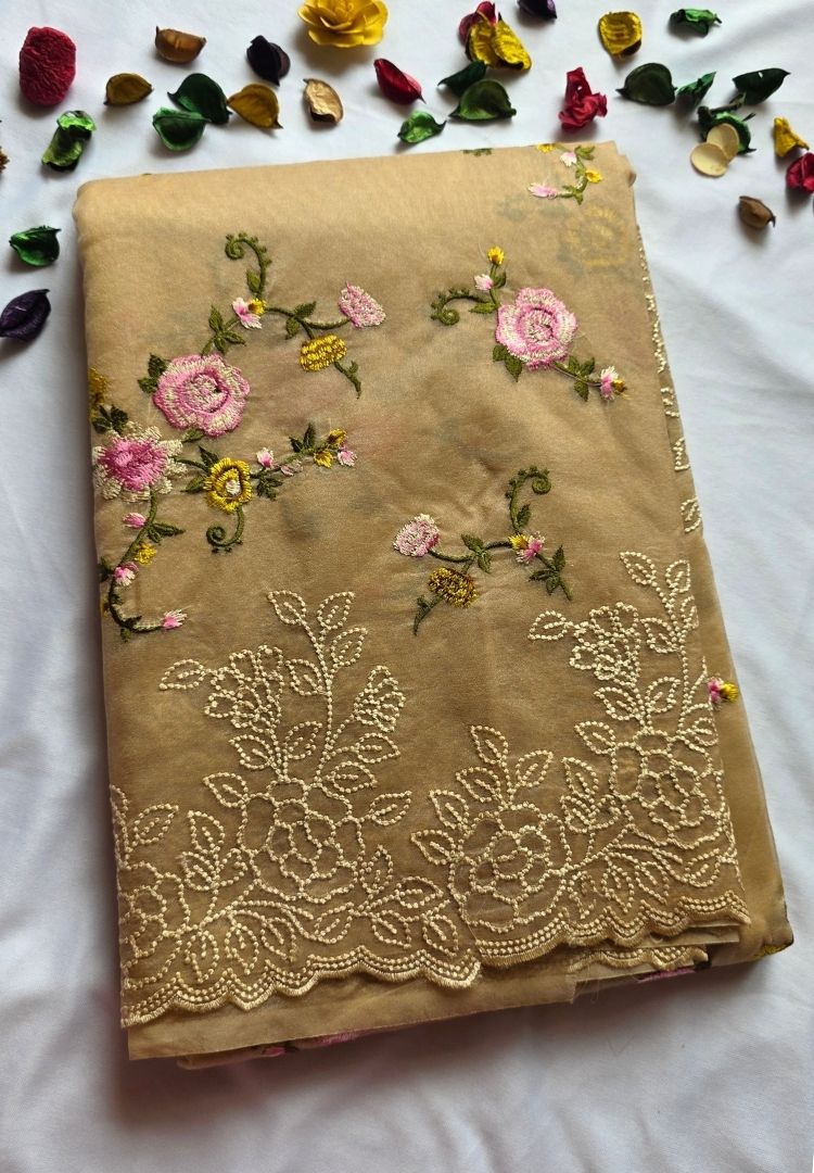 Neutral Beige Banarasi organza embroidered saree