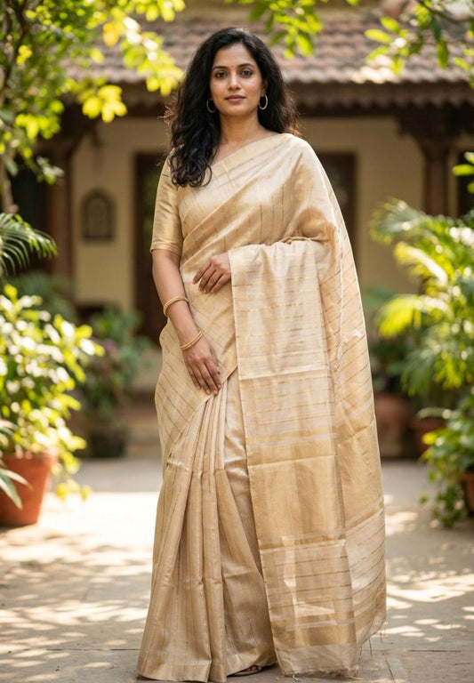 Woman wearing an ivory gold zari striped katan tissue saree - Silk Ethnics