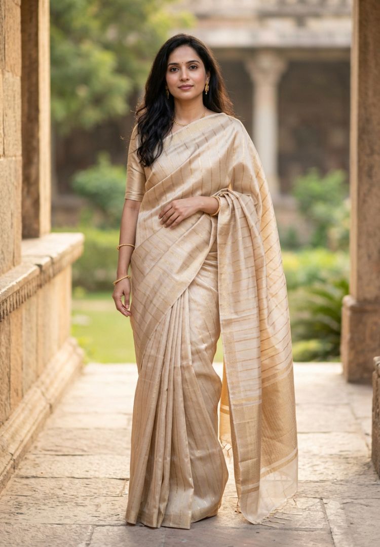 Full-length drape of an ivory gold katan tissue saree with gold zari pallu