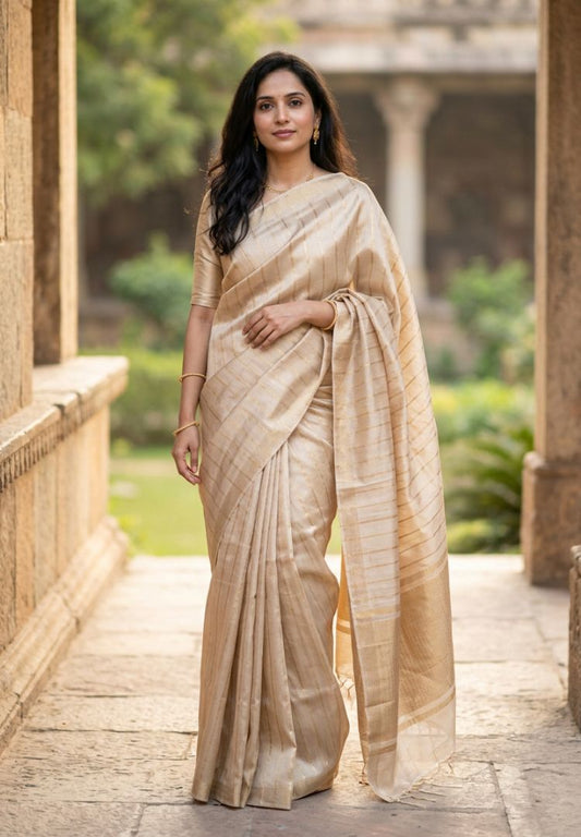 Full-length drape of an ivory gold katan tissue saree with gold zari pallu