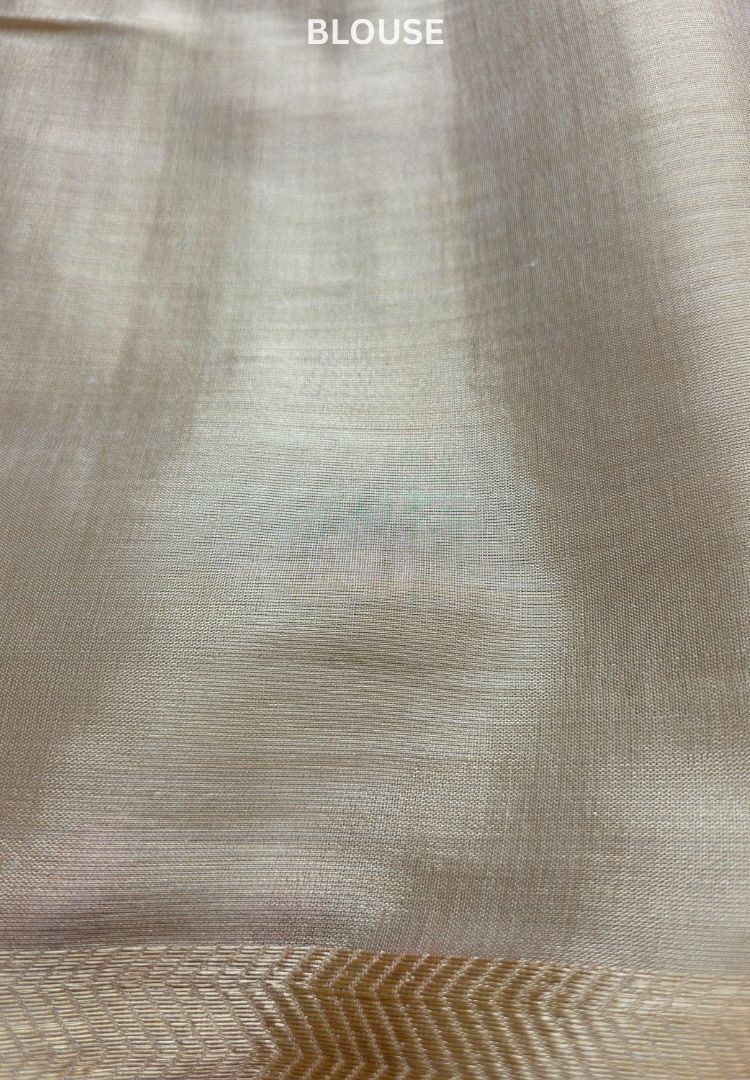 Folded ivory gold zari striped katan tissue saree