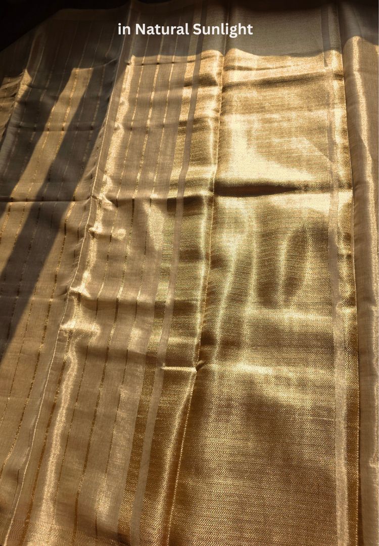 Gold herringbone zari pallu of an ivory katan tissue saree