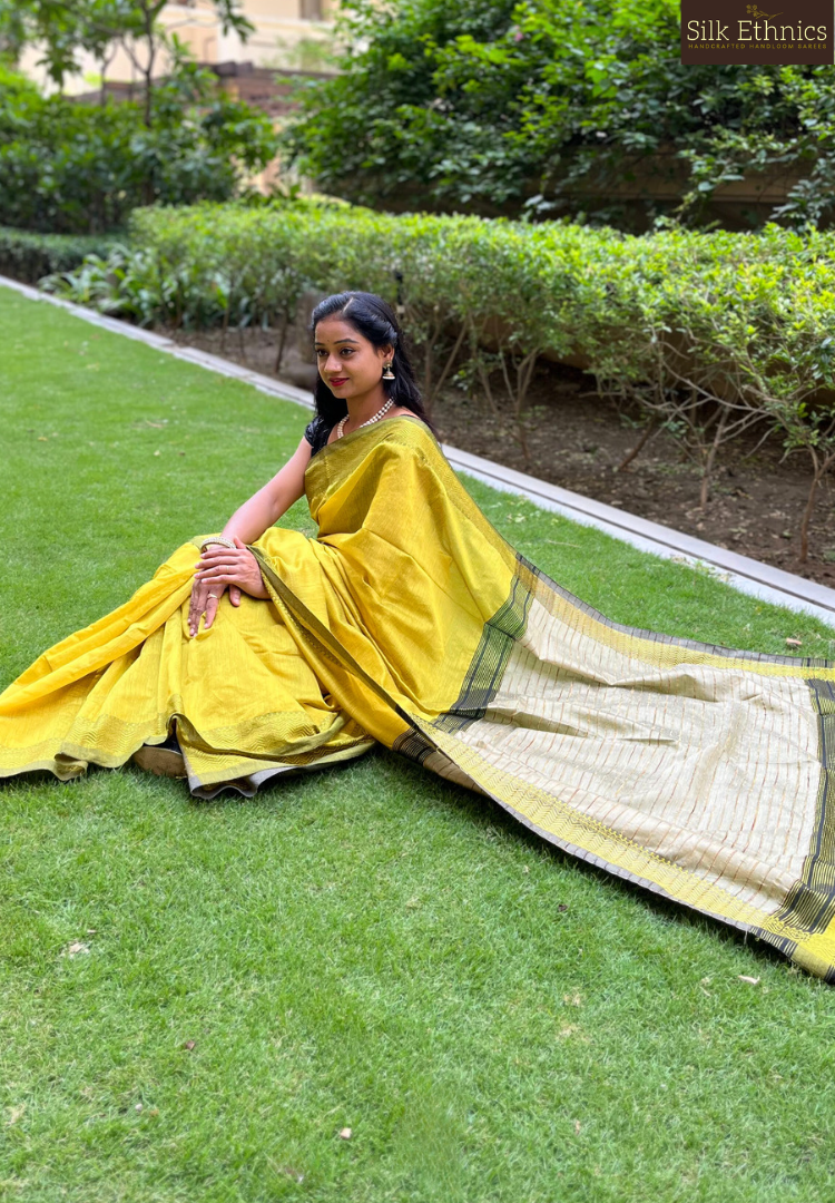 Golden yellow silkcotton Maheswari saree