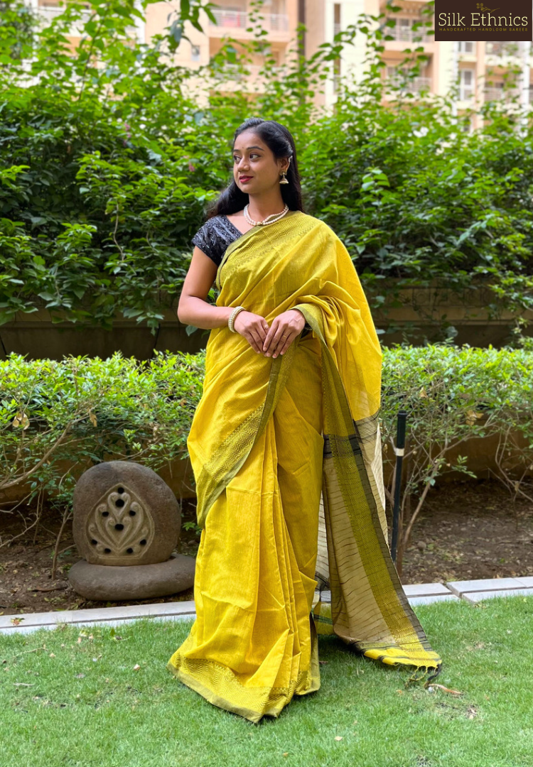 Golden yellow silkcotton Maheswari saree