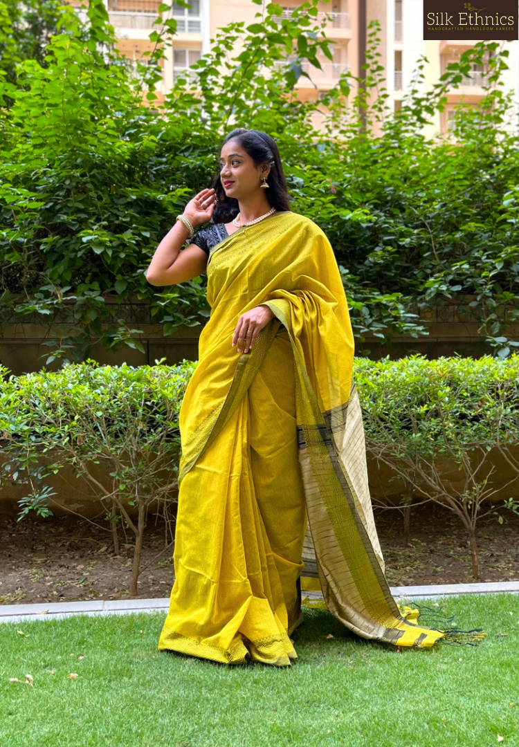 Golden yellow silkcotton Maheswari saree