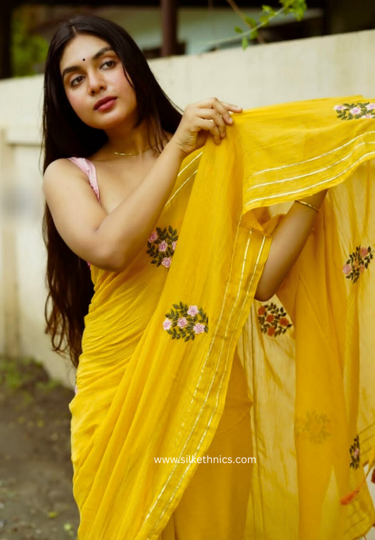 Yellow gold Rangreet mulcotton saree