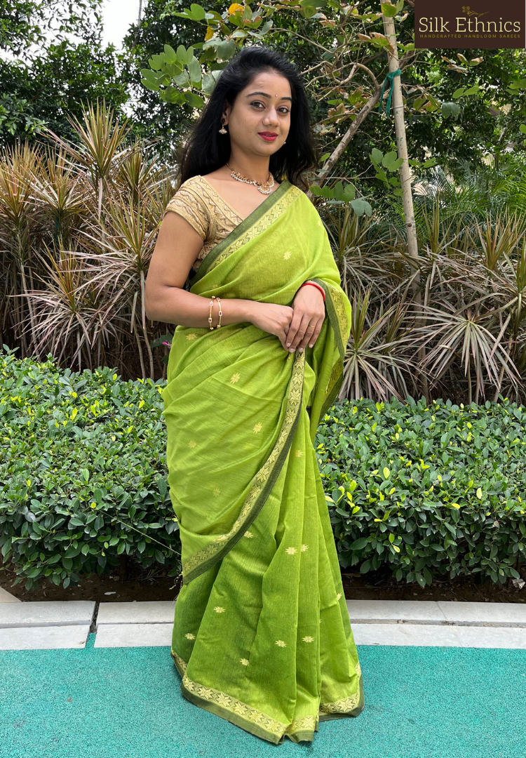 Spring green Maheswari silkcotton saree