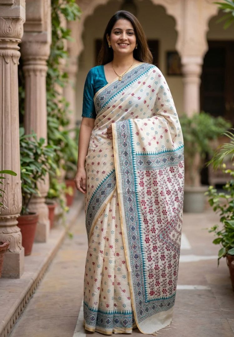 Woman wearing the Aqua Blue and Red Gulbahar hand embroidered Chanderi saree - Silk Ethnics
