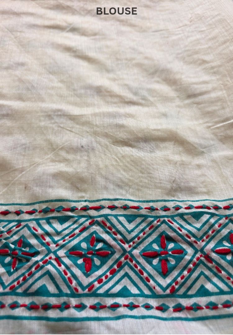 Aqua Blue and Red Gulbahar hand embroidered Chanderi saree by Silk Ethnics