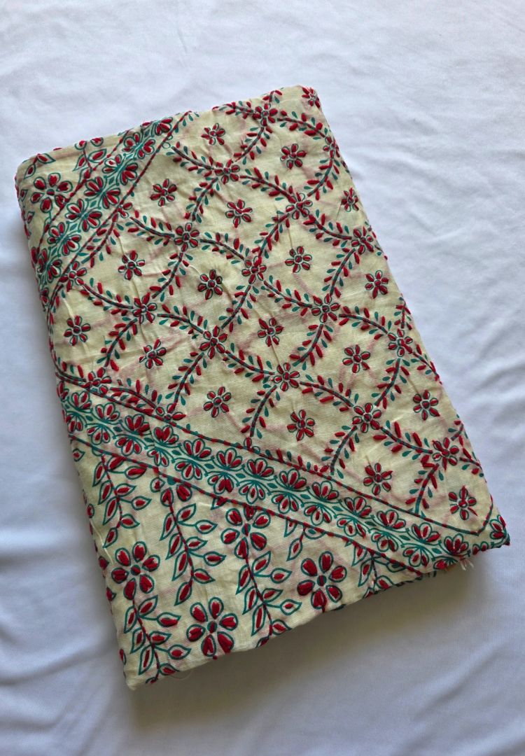 Hand embroidery detail on the Aqua Blue and Red Gulbahar Chanderi saree