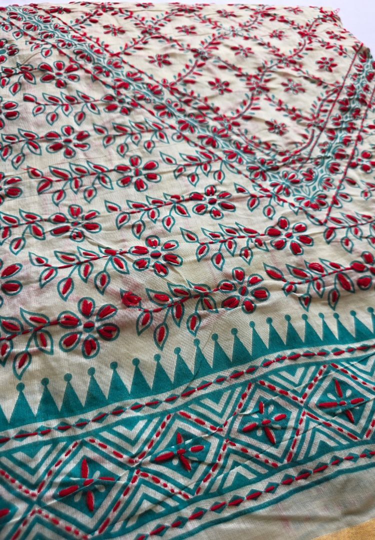 Sheer Chanderi silk-cotton texture with red hand embroidery, Gulbahar collection