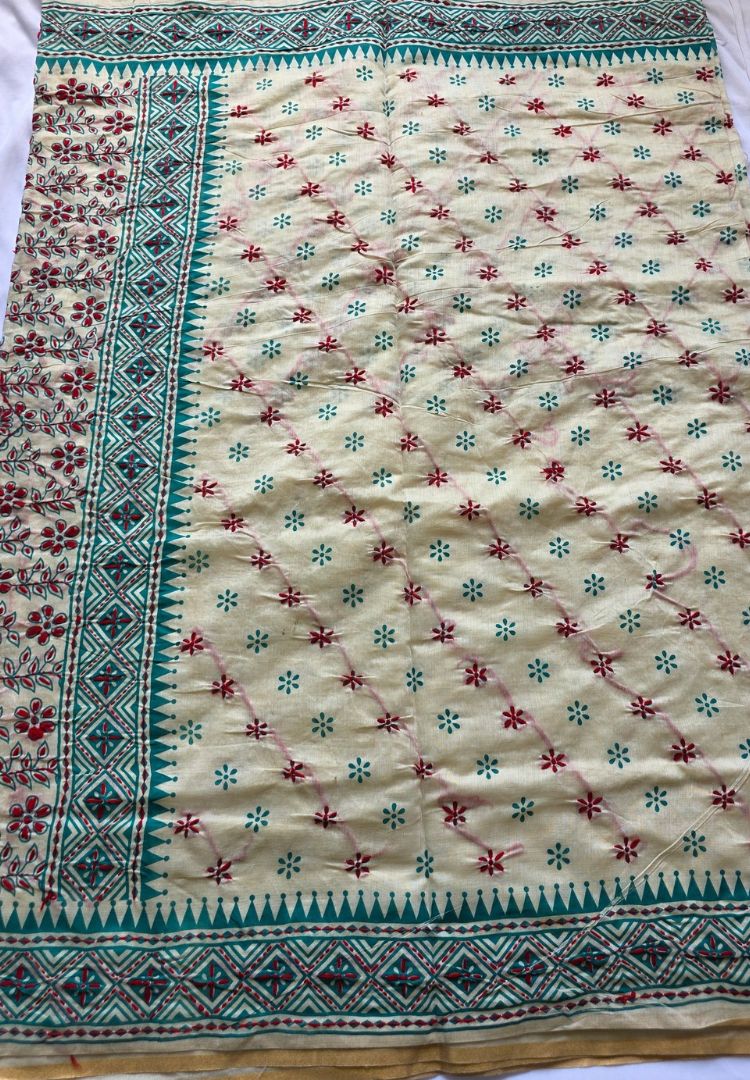 Gulbahar embroidered ivory and aqua Chanderi saree for Diwali, pooja and temple visits