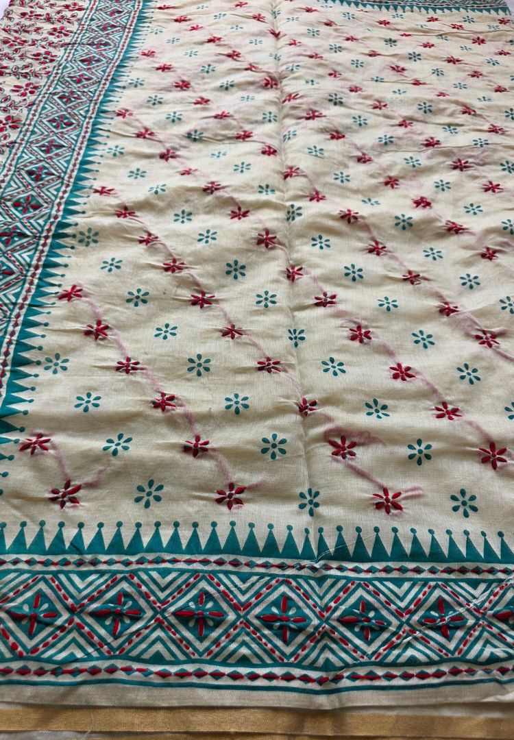 Detail view of the Aqua Blue and Red Gulbahar hand embroidered Chanderi saree