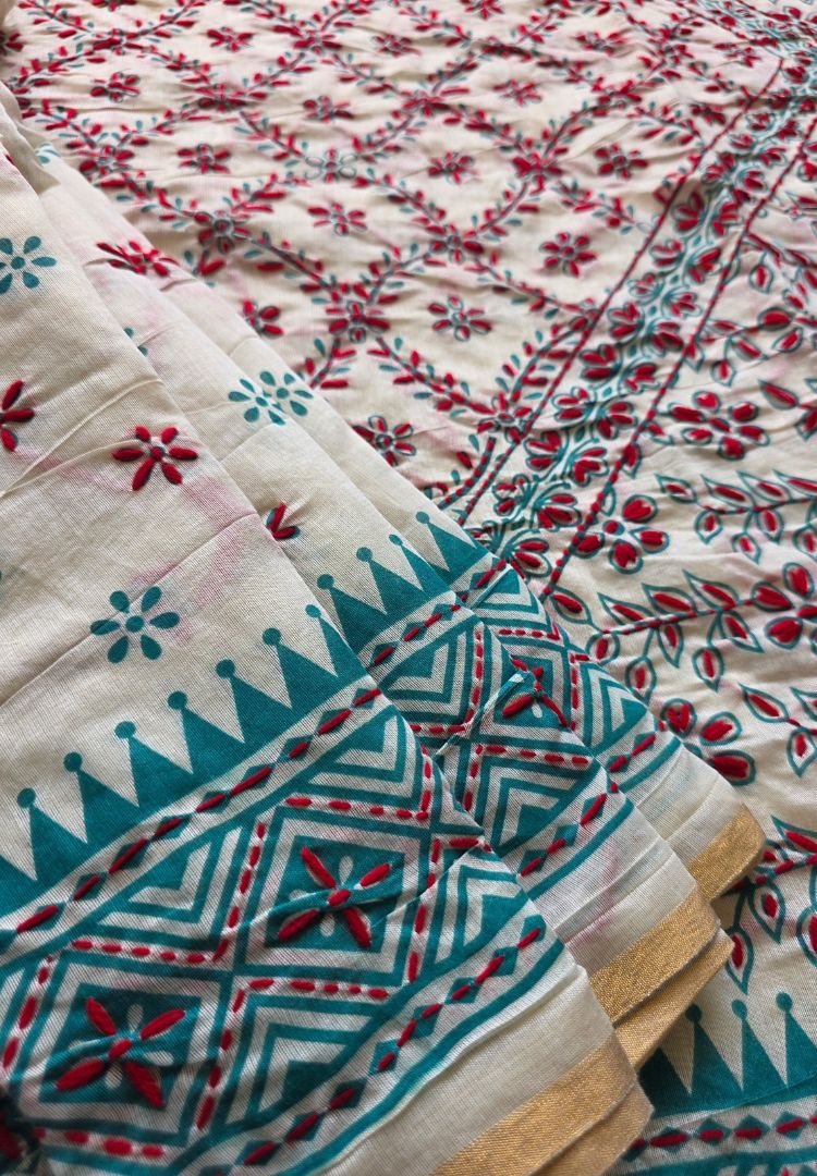 Aqua blue border and red hand embroidery on an ivory Gulbahar Chanderi saree