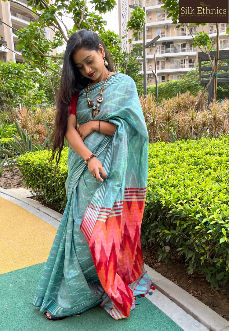 Pine green and red linen ikkat weaving saree