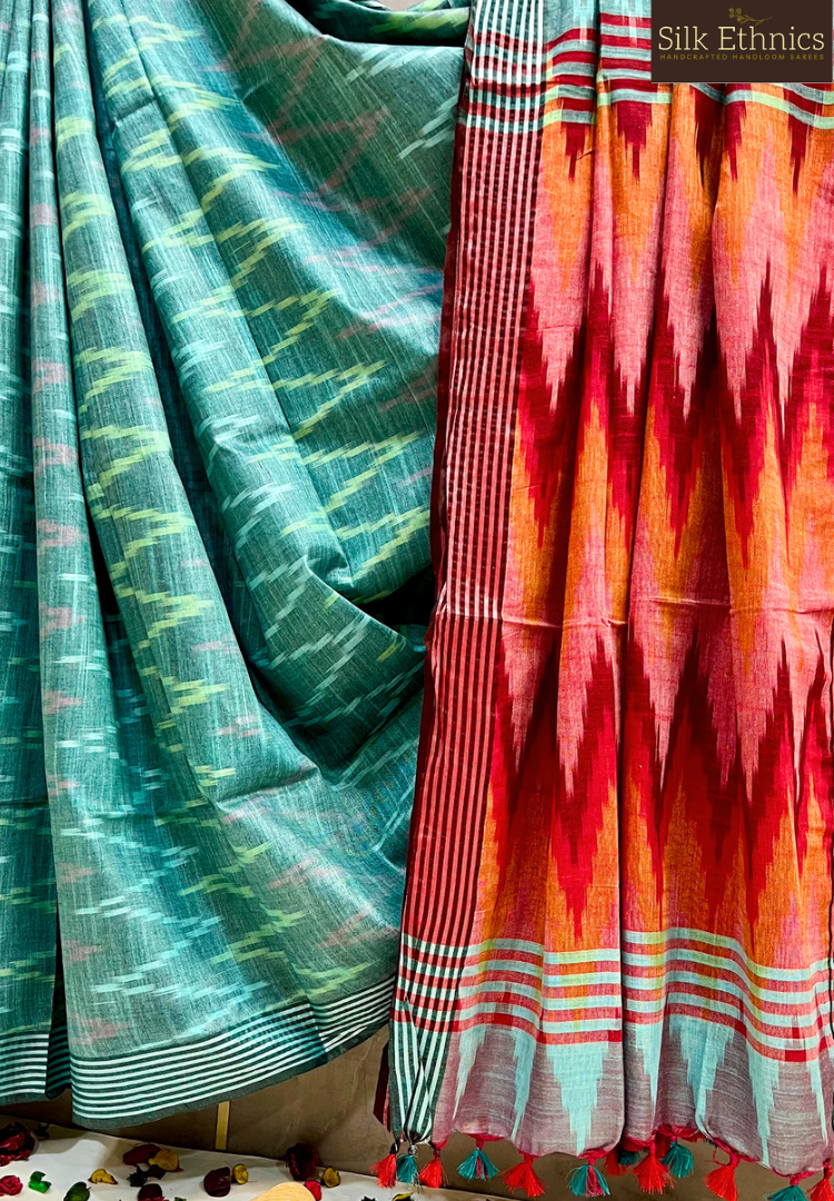 Pine green and red linen ikkat weaving saree