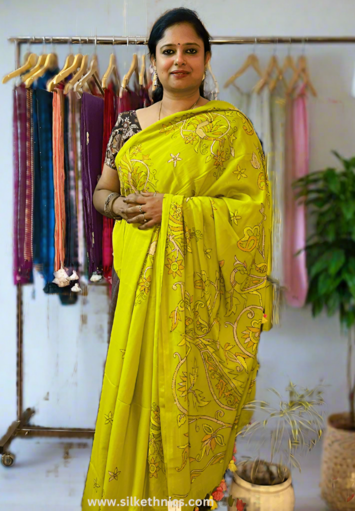 Lime green embroidered mulcotton saree