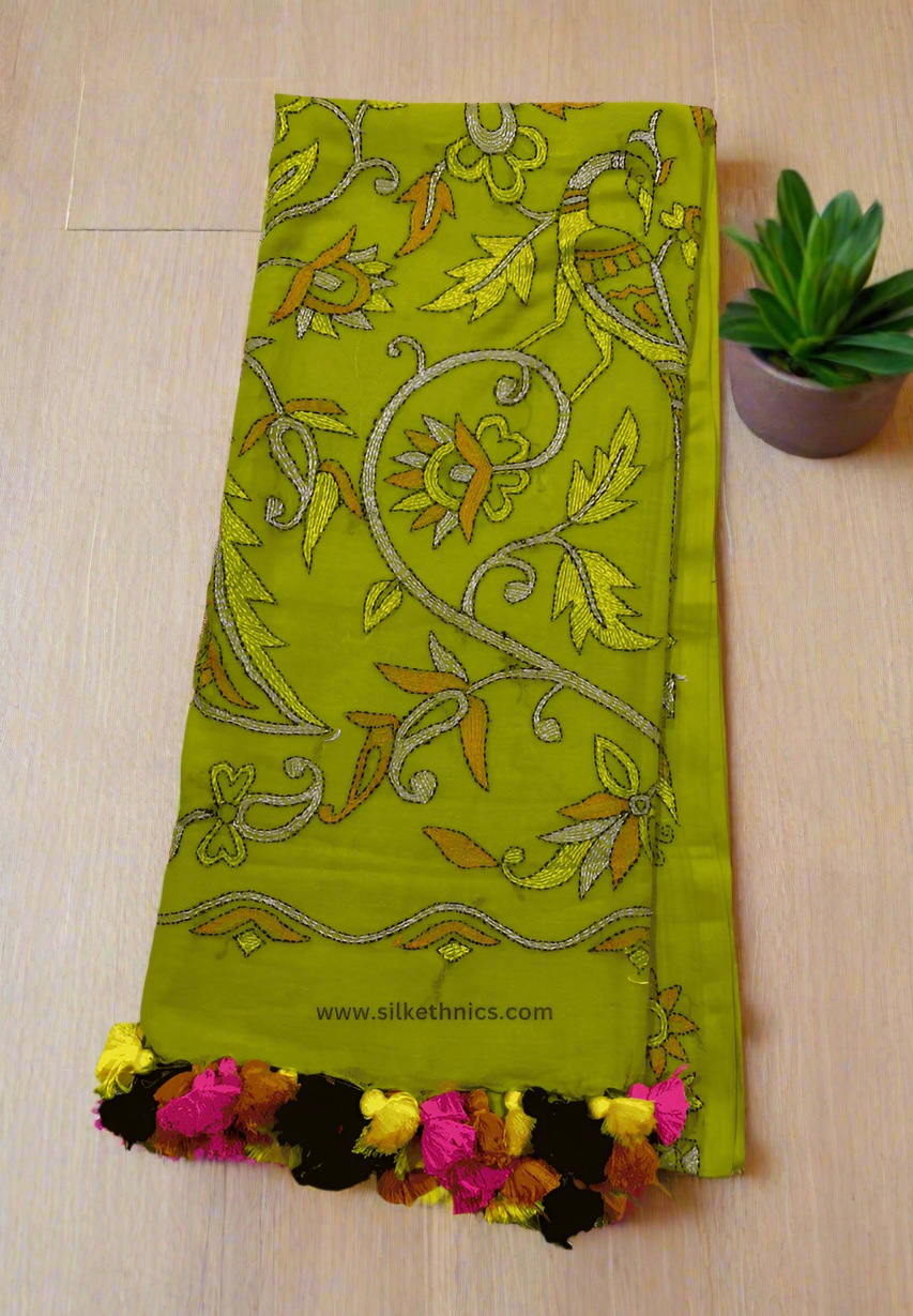 Lime green embroidered mulcotton saree