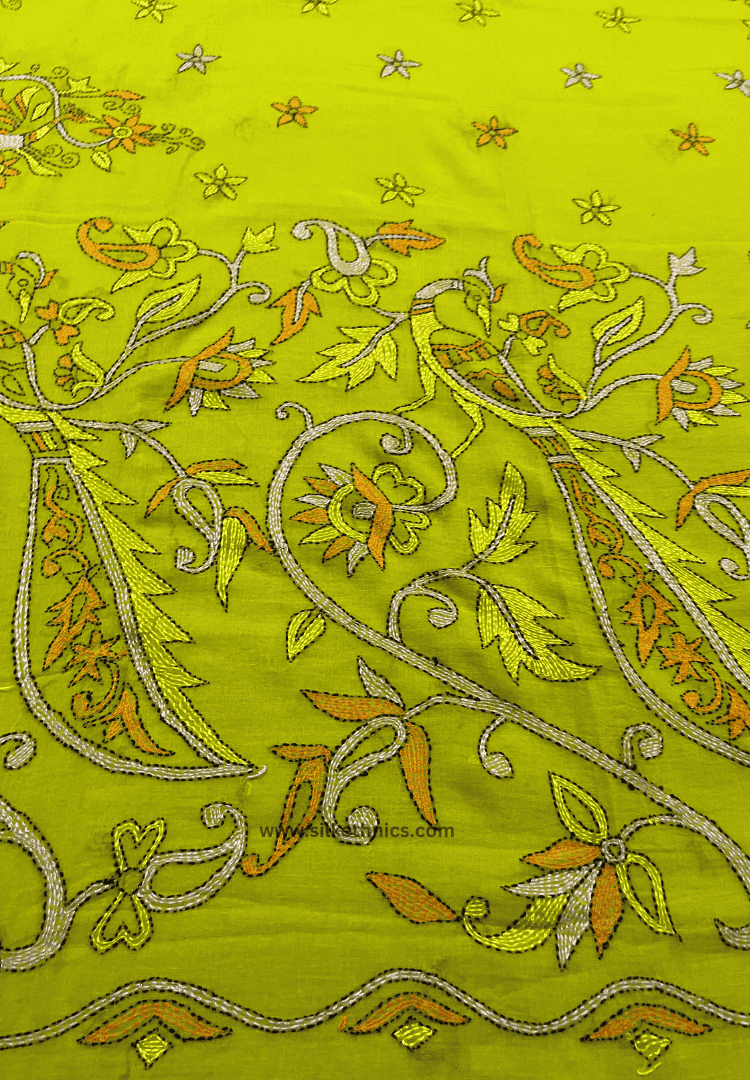 Lime green embroidered mulcotton saree