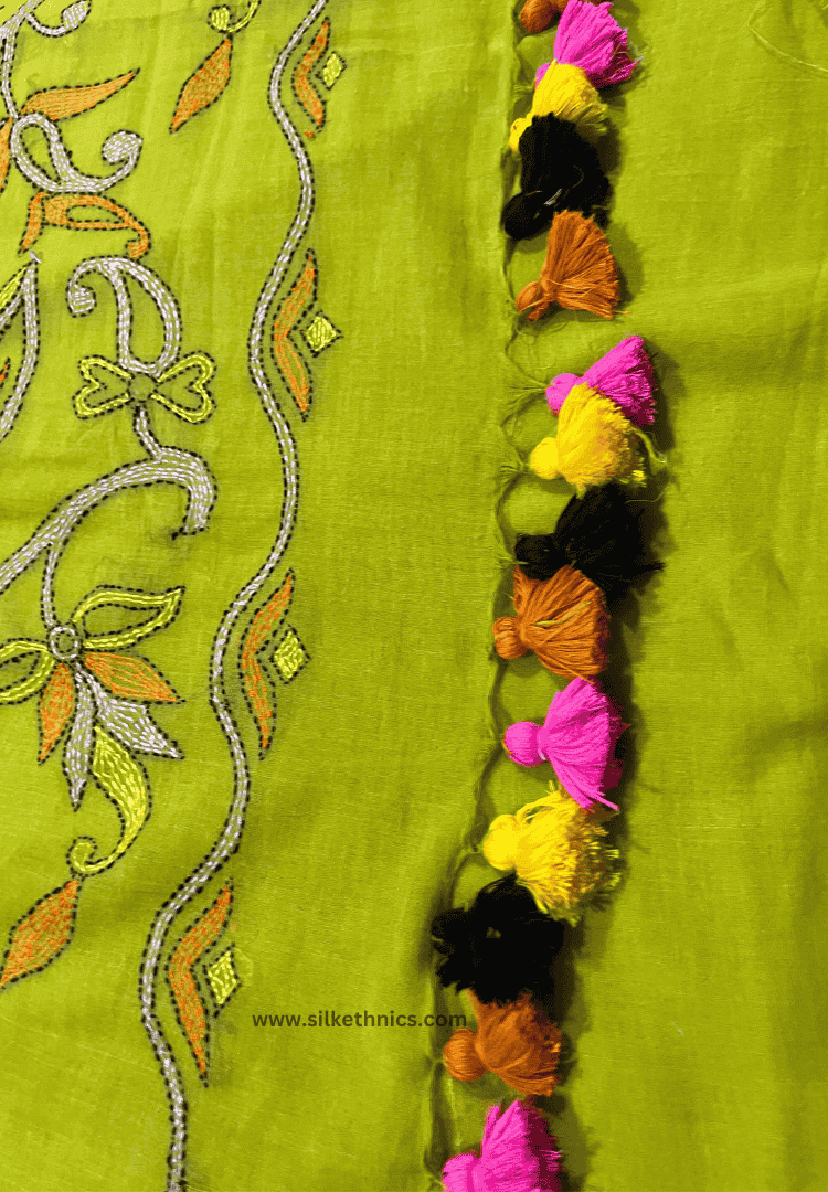 Lime green embroidered mulcotton saree