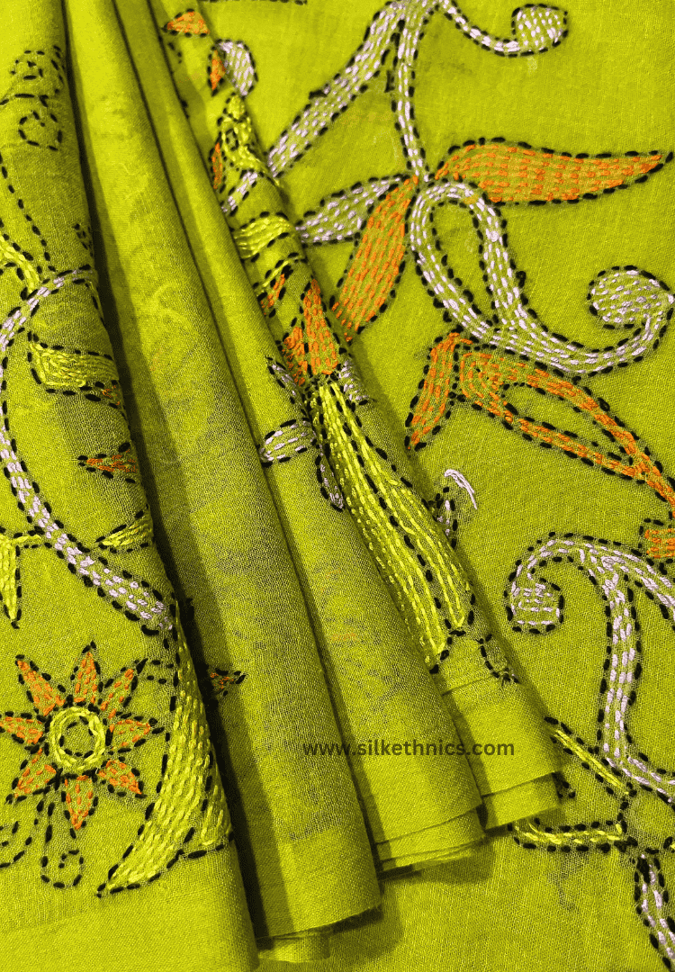 Lime green embroidered mulcotton saree