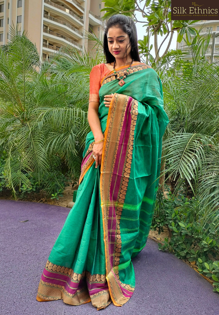 Teal green Mangalagiri pure handloom saree