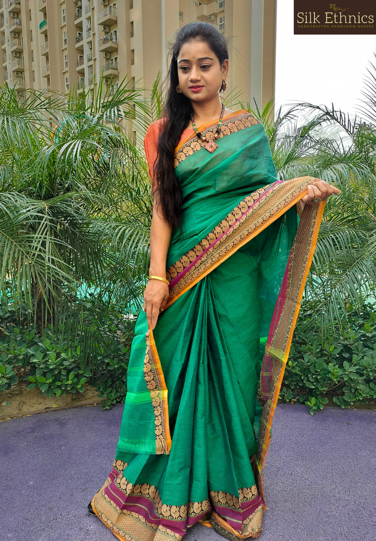 Teal green Mangalagiri pure handloom saree