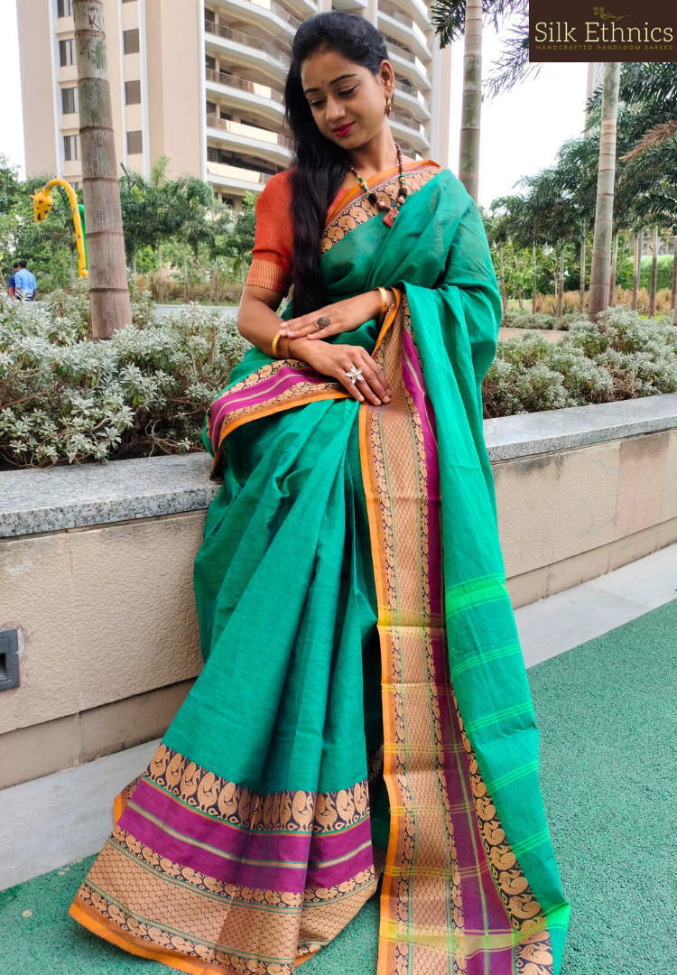 Teal green Mangalagiri pure handloom saree