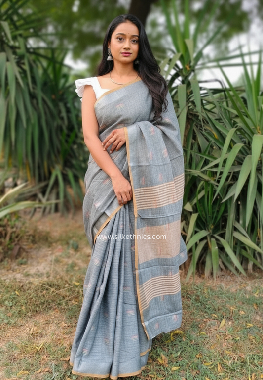 Pearl grey slub linen saree