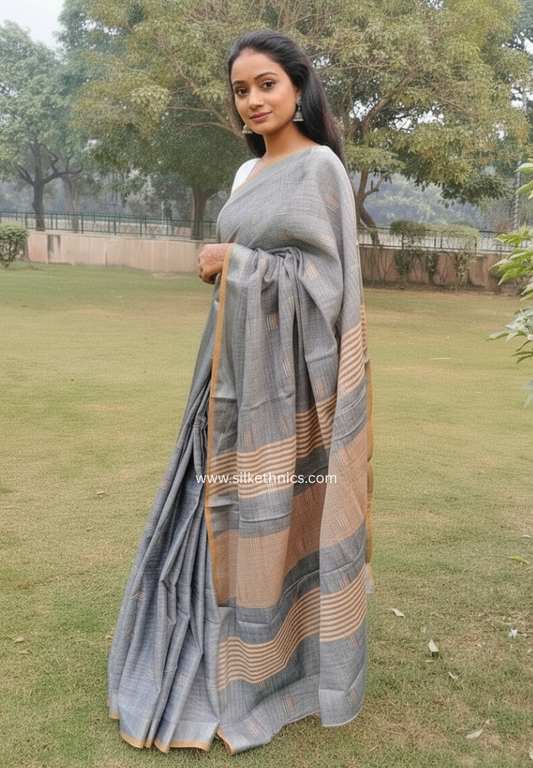 Pearl grey slub linen saree
