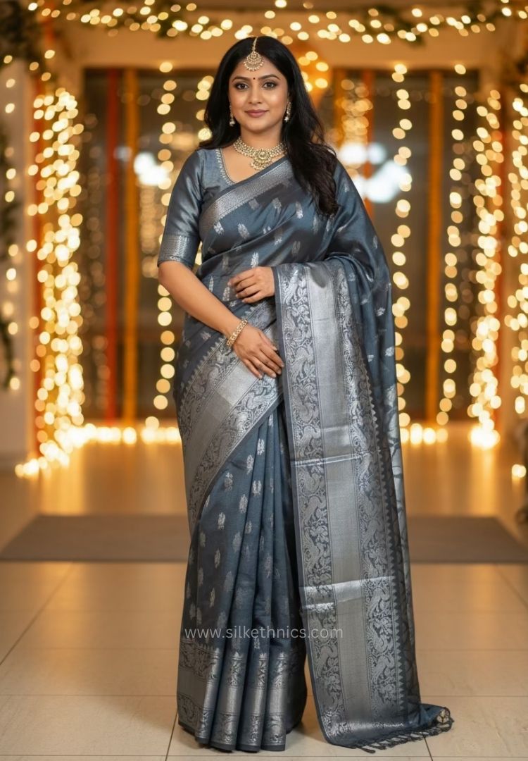 Slate Grey pure Mangalagiri silk saree | Alekya Collection