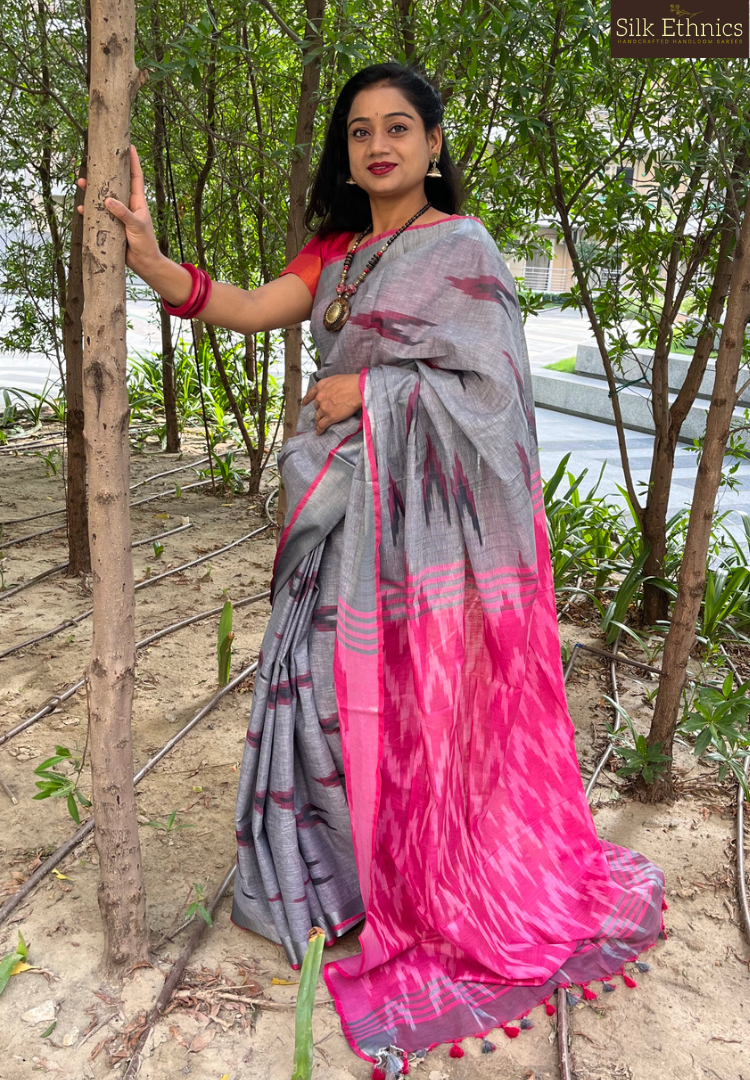 Silver grey and pink linen ikkat weaving saree