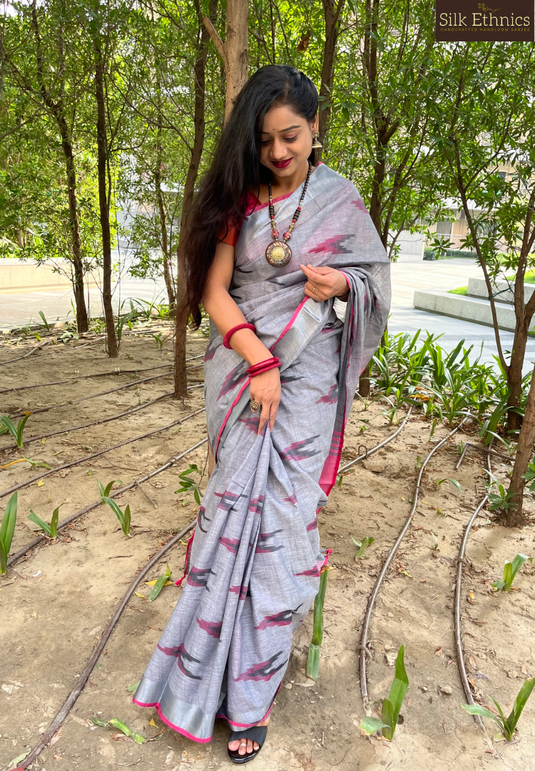 Silver grey and pink linen ikkat weaving saree