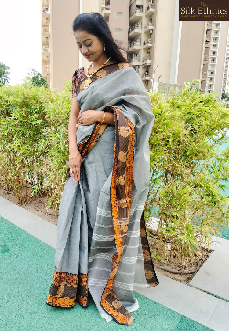 Silver grey Mangalagiri cotton saree