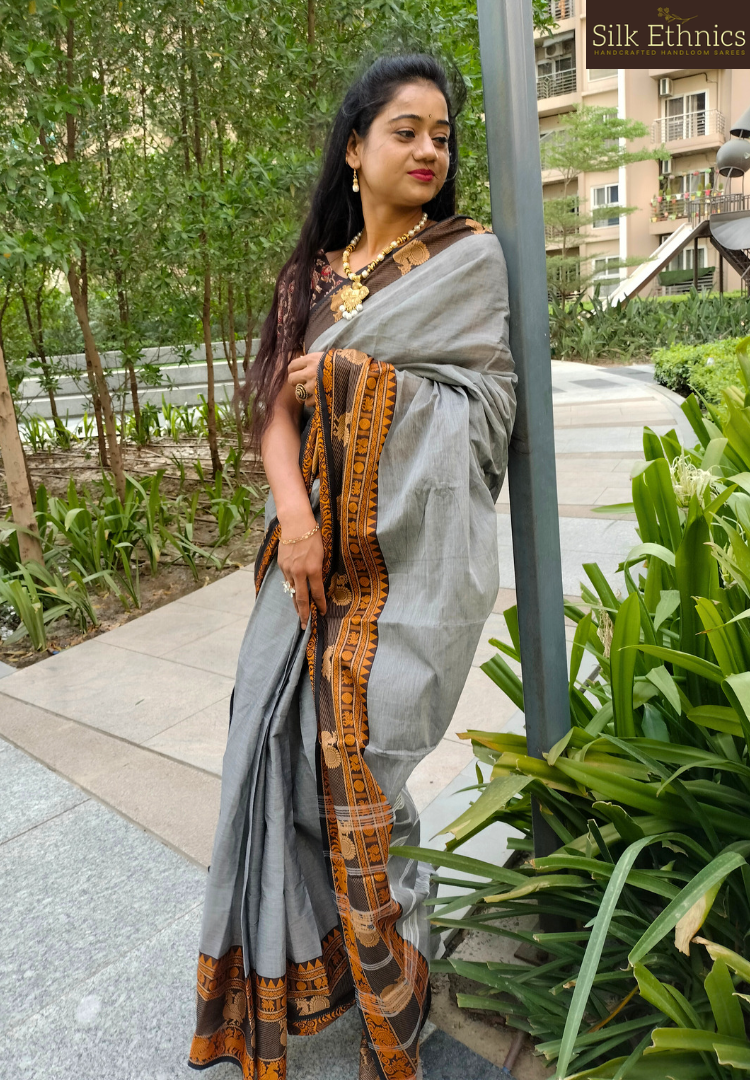 Silver grey Mangalagiri cotton saree