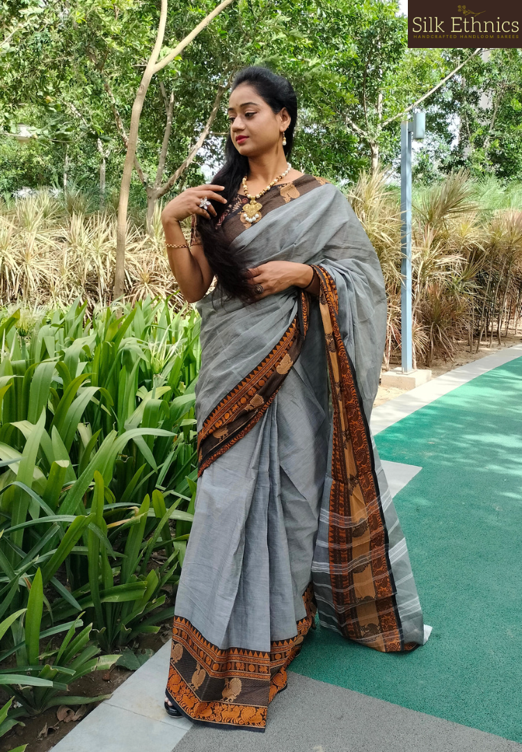 Silver grey Mangalagiri cotton saree