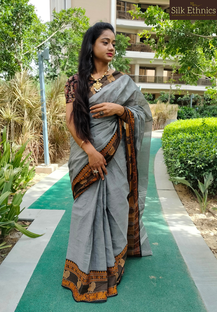 Silver grey Mangalagiri cotton saree