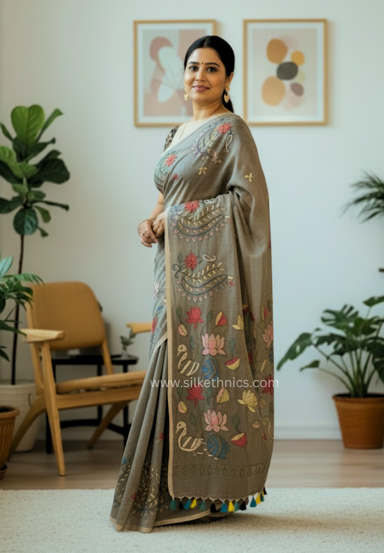 Cedar brown embroidered mulcotton saree