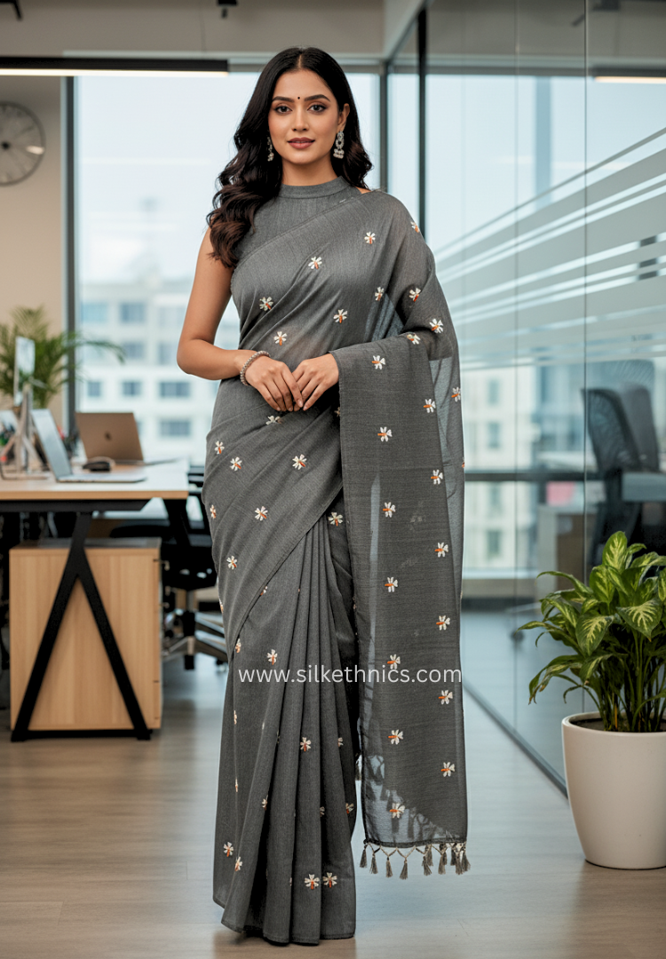 Dark gray cotton embroidered Rangreet saree