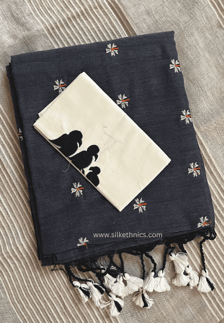 Dark gray cotton embroidered Rangreet saree
