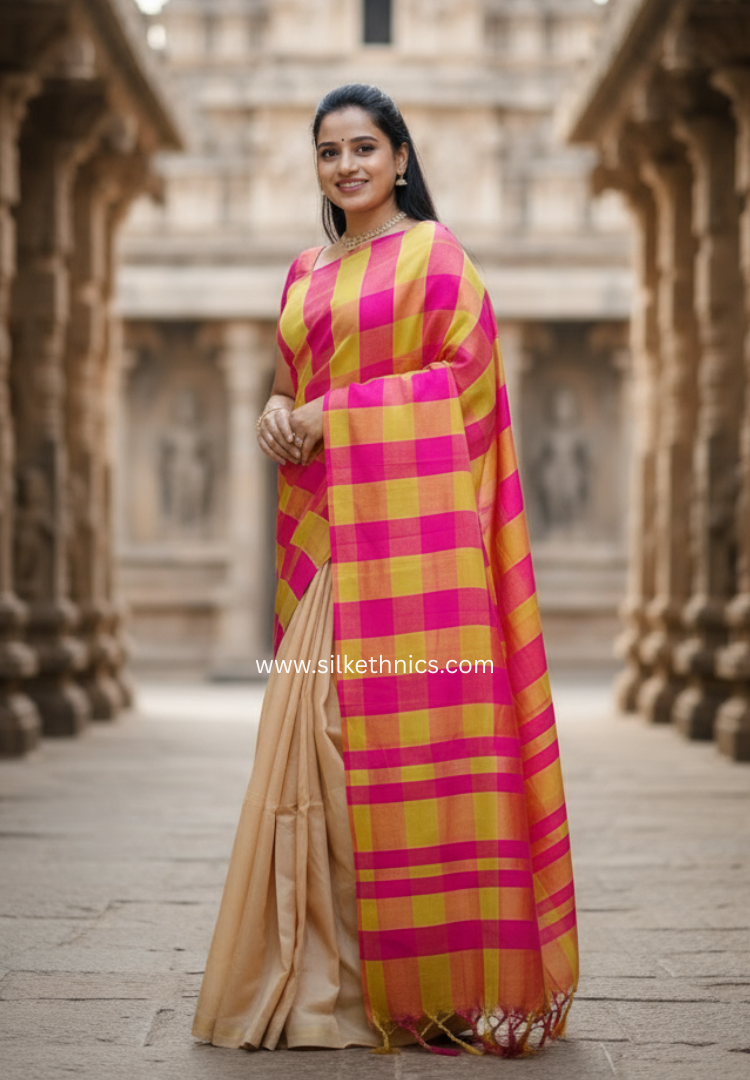 Warm beige and pink Tripurasilk half and half saree