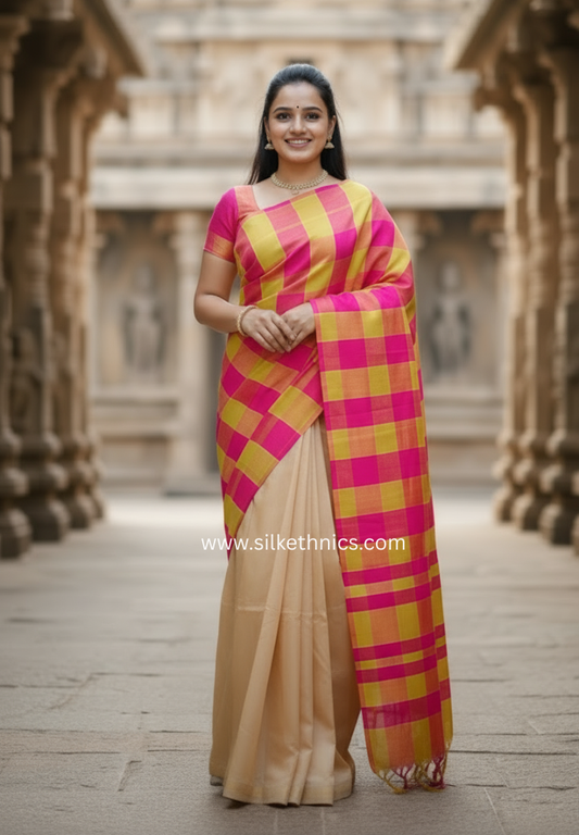 Warm beige and pink Tripurasilk half and half saree
