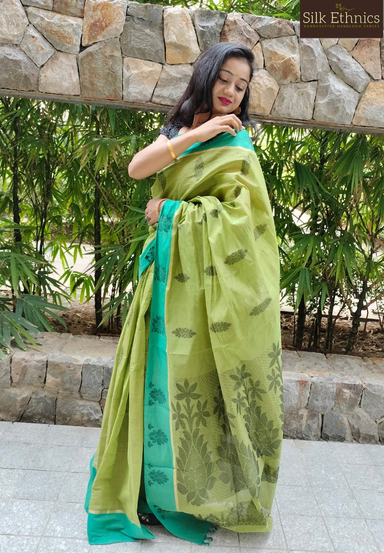 Lime green pure handloom cotton saree