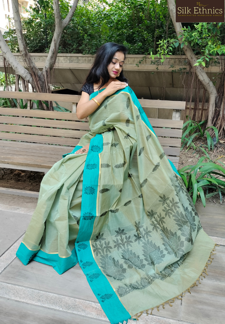 Mint green pure handloom cotton saree