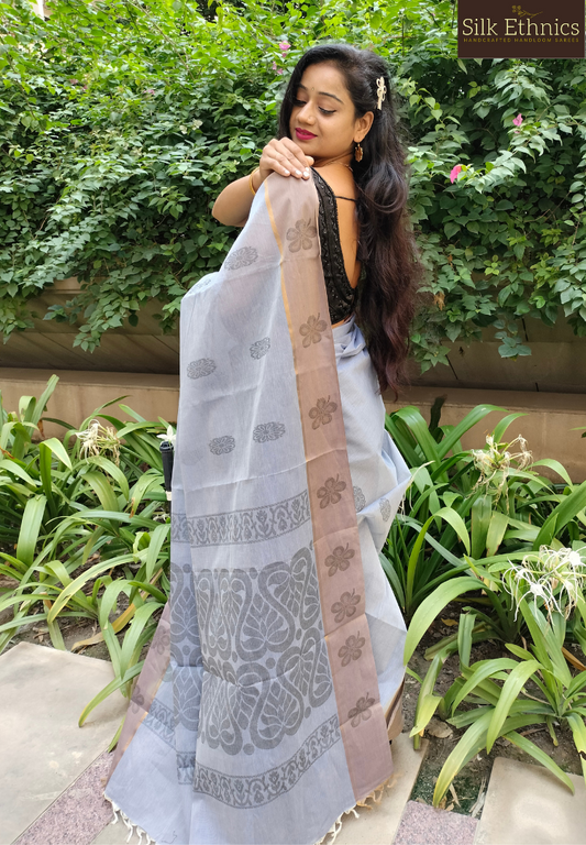 Silver grey pure handloom cotton saree