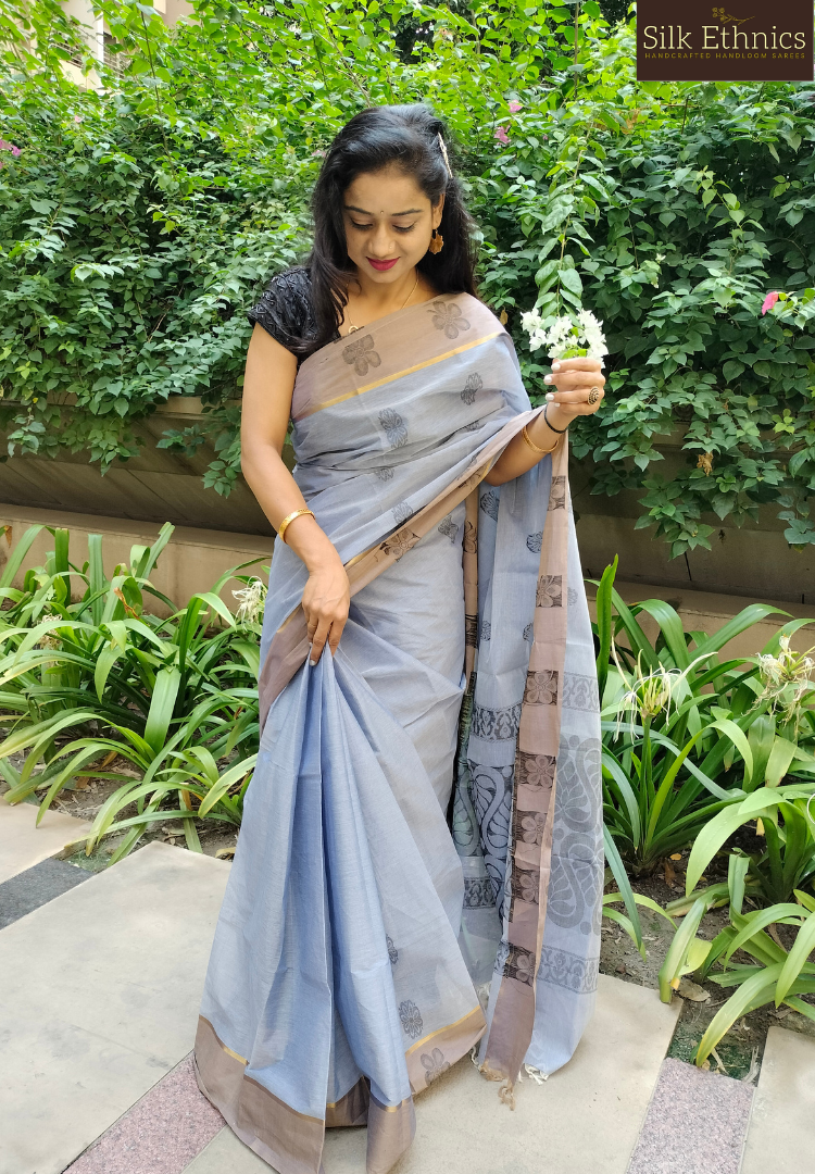 Silver grey pure handloom cotton saree