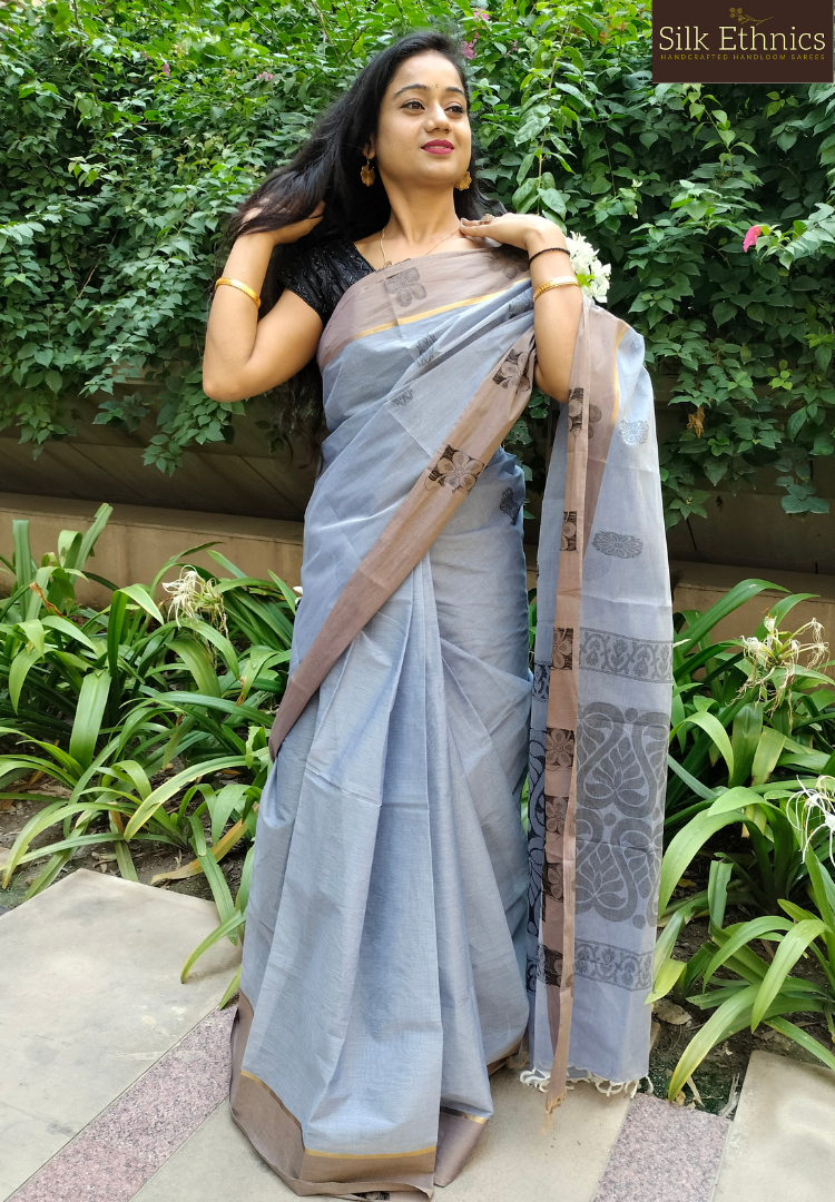 Silver grey pure handloom cotton saree