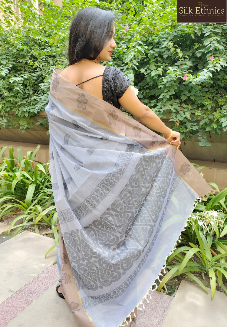 Silver grey pure handloom cotton saree