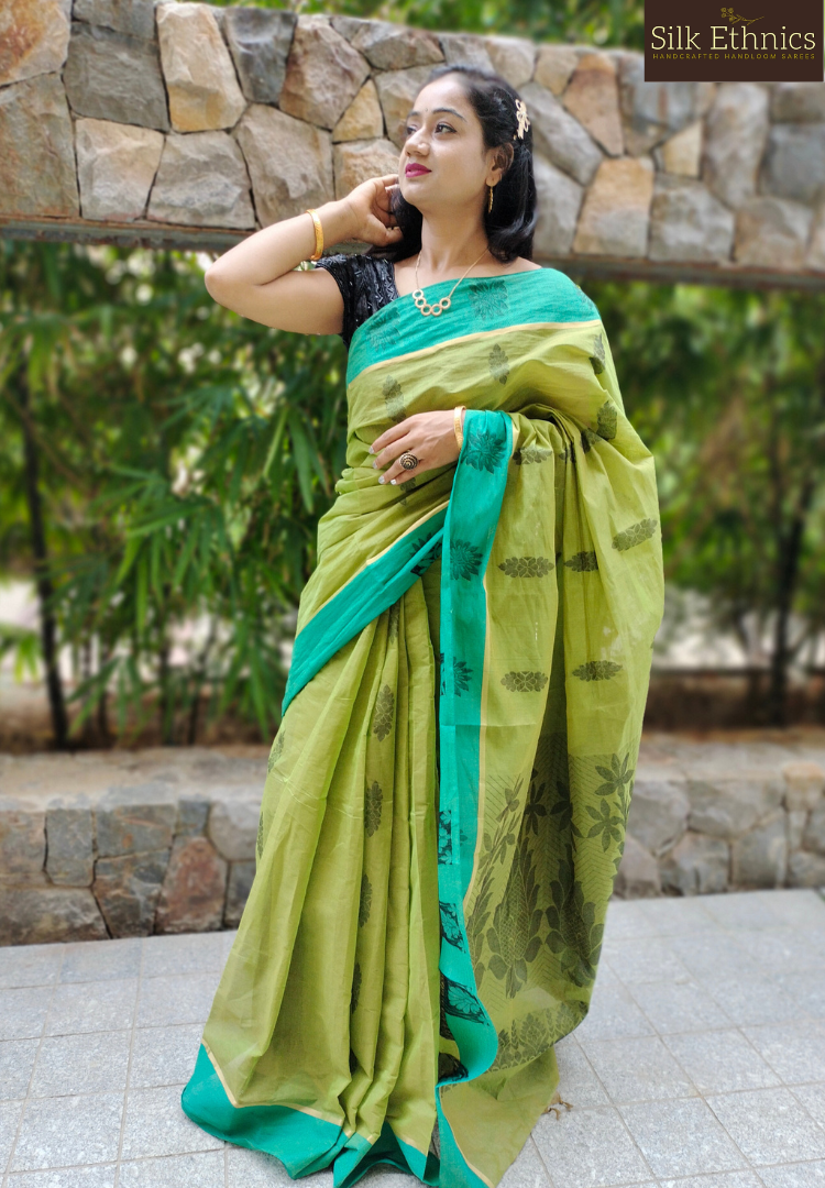 Lime green pure handloom cotton saree